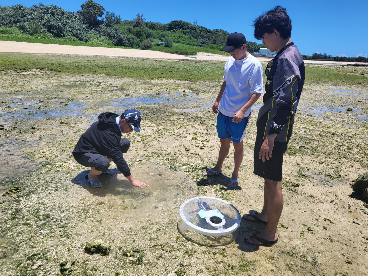 Researchers conducting submarine groundwater discharge (SGD) chamber measurements on the tidal flat at Nashiro Beach, southern Okinawa