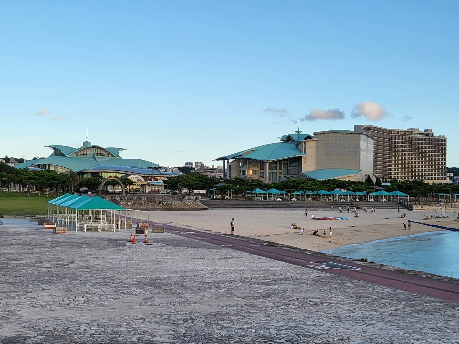 Okinawa Convention Center and its beach at sunset